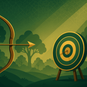 Ilustrasi busur dan anak panah mengarah ke sasaran dengan latar alam dan motif islami, mewakili manfaat memanah bagi kesehatan.